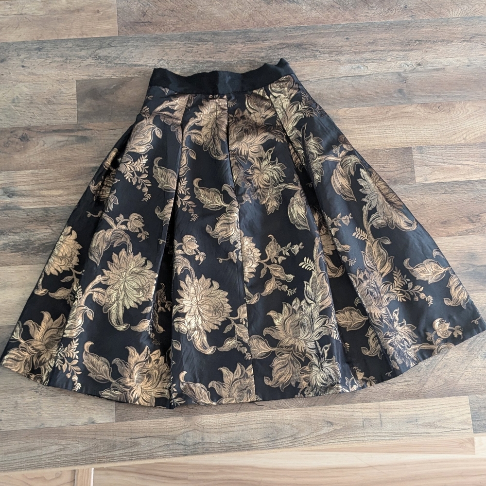 WHBM Black & Gold Floral A-line Midi Skirt